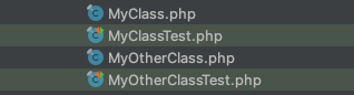 Snippet of PhpStorm's project window: test classes highlighted green