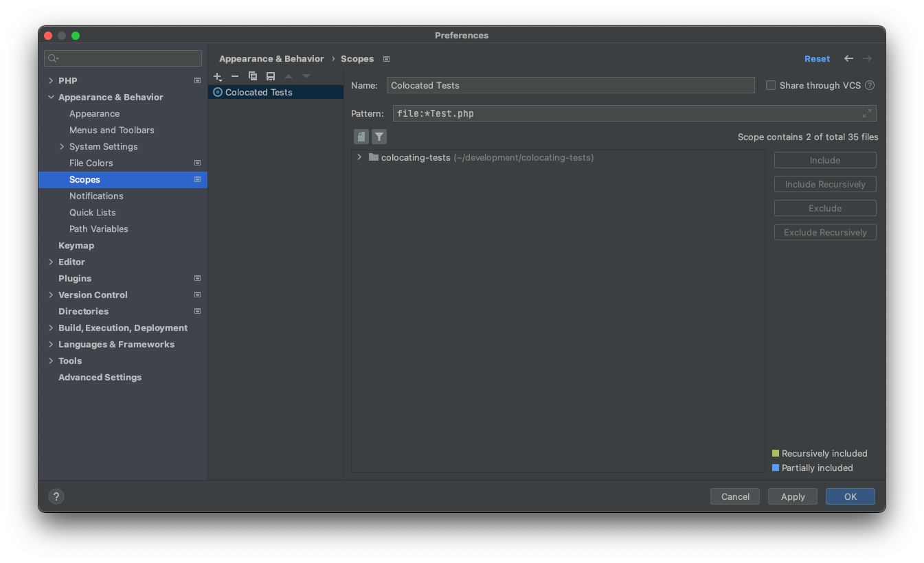 Screenshot of PhpStorm's settings dialog (Preferences | Appearance & Behavior | Scopes)