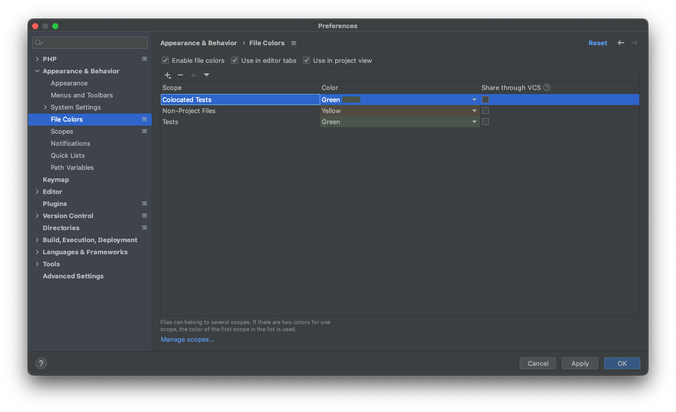 Screenshot of PhpStorm's settings dialog (Preferences | Appearance & Behavior | File Colors)