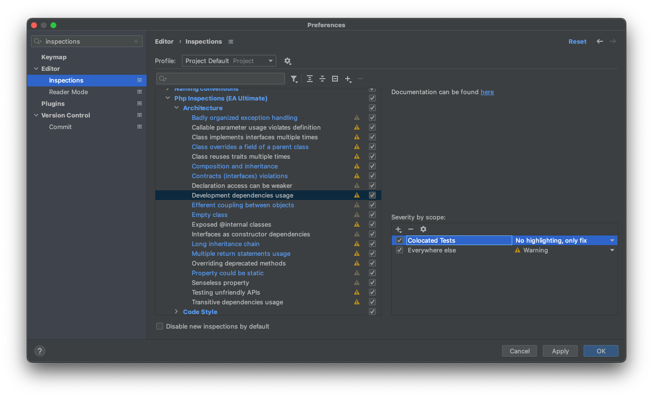 Screenshot of PhpStorm's settings dialog (Preferences | Editor | Inspections)